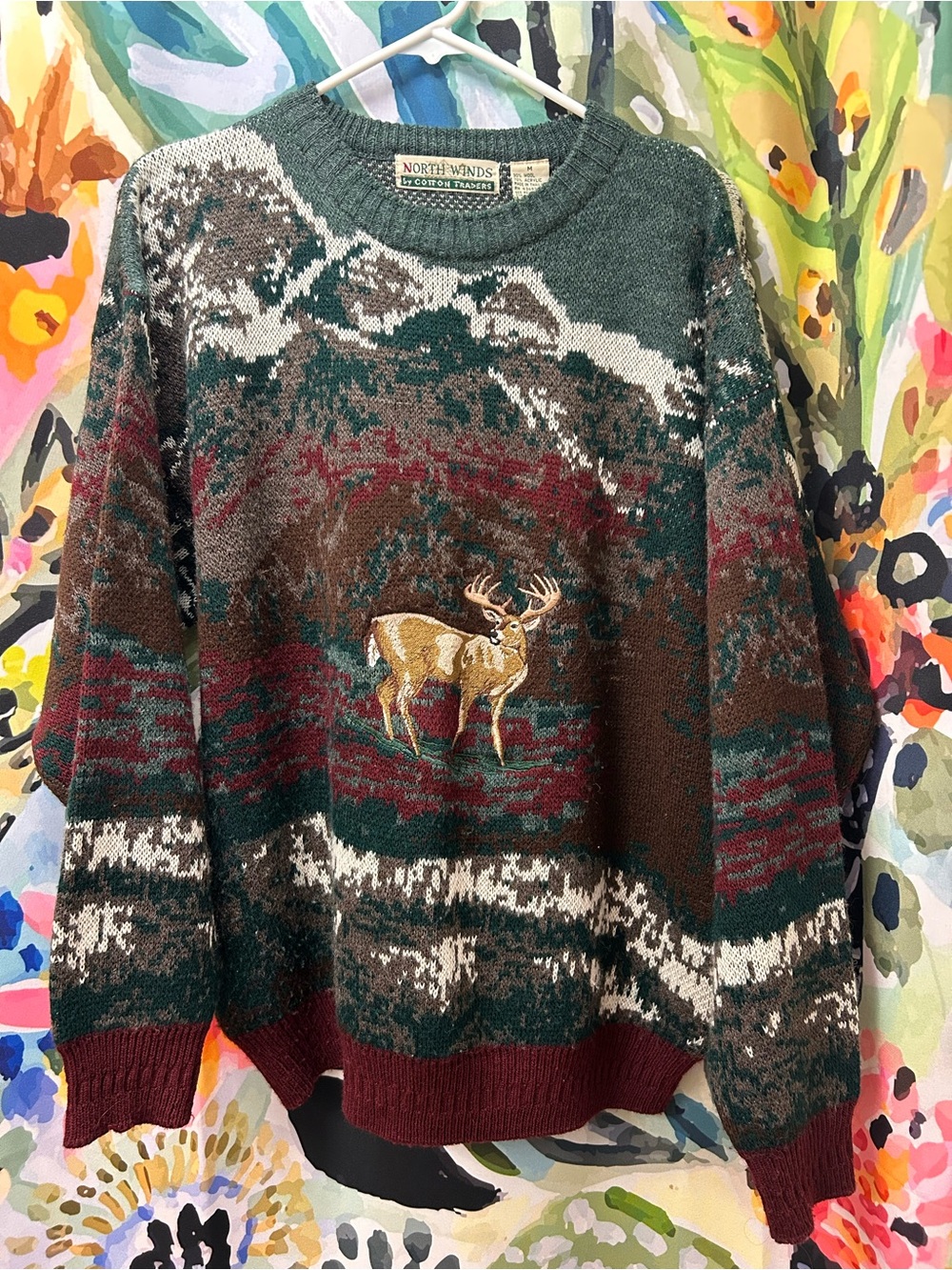 90’s NORTH WINDS by Cotton Traders Crewneck Sweater with Mountain Scene and Buck